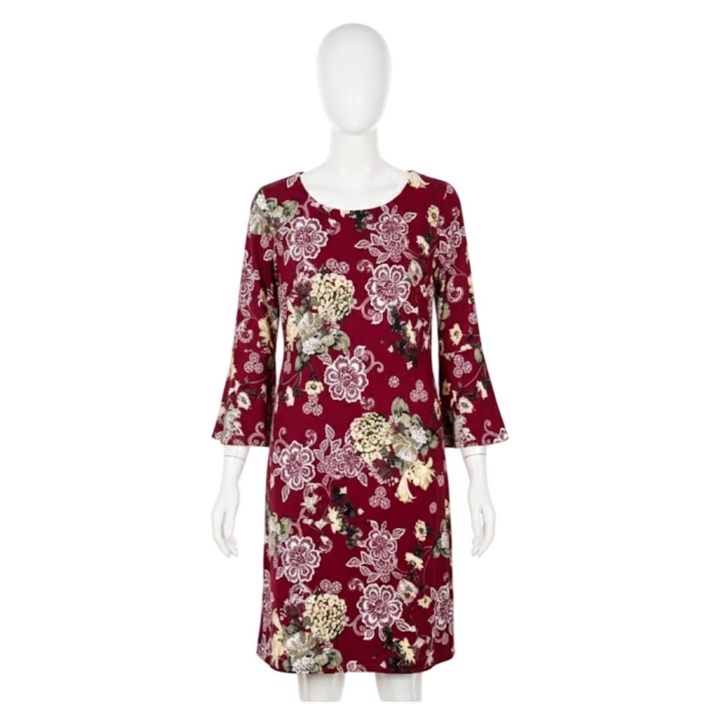 Glamour Burgundy Floral Print Bell‎ Sleeve Shift Dress Women Size 14
